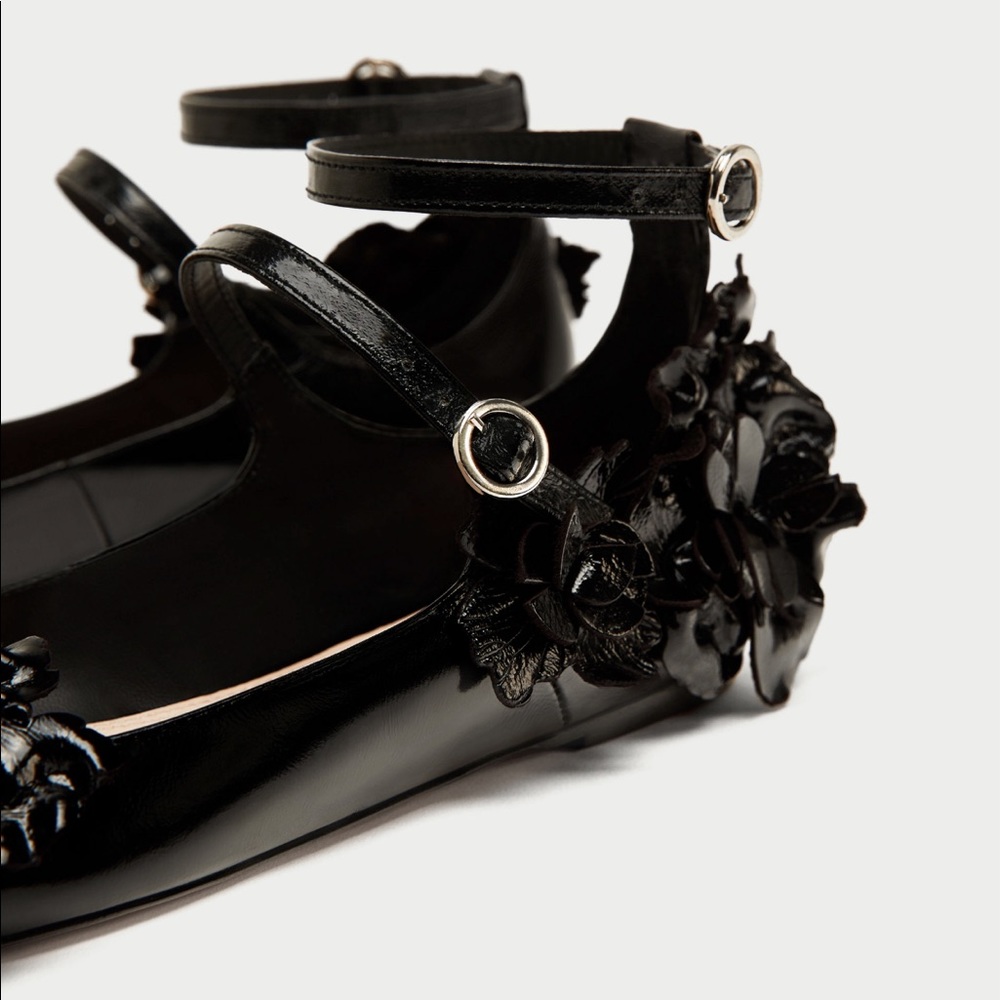 ZARA LEATHER BALLERINA FLATS FLORAL DETAIL - Picture 3 of 6
